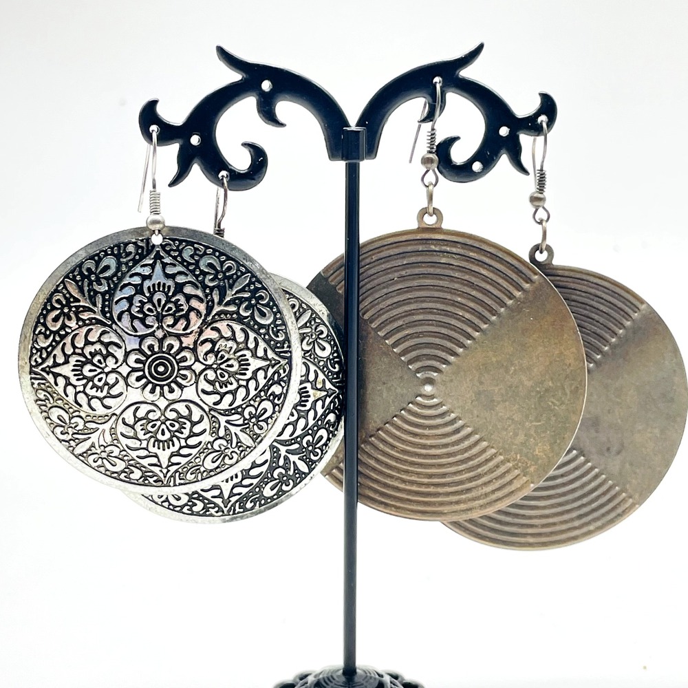 Disc Dangle Earrings Mixed Metal Tone Pierced Lot of 2 Boho Filigree Textured